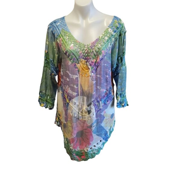 Rain Womens XL Rainbow Boho Floral Crochet Tunic Beach Bathingsuit Coverup - Picture 1 of 11